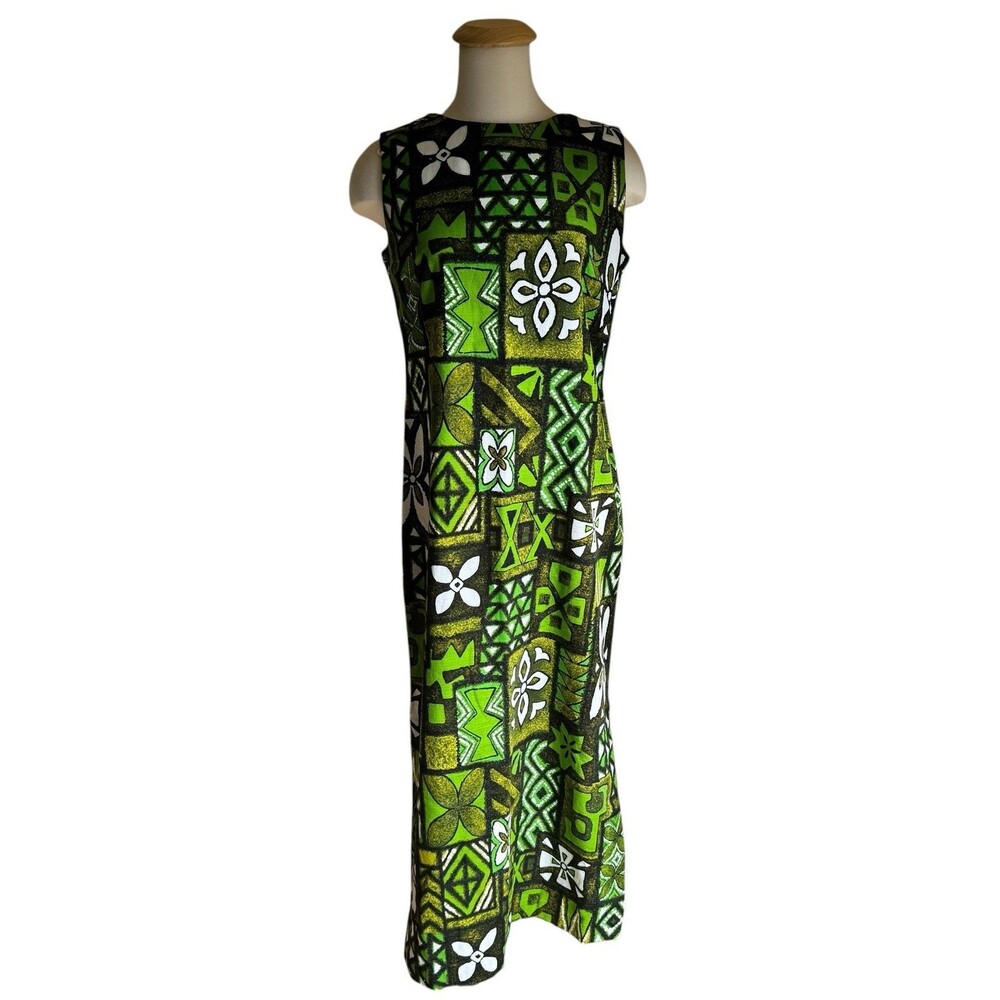 Vintage Hawaiian Maxi Dress Sz M Barkcloth Tiki Tribal Green Mod 60s 70s Aloha